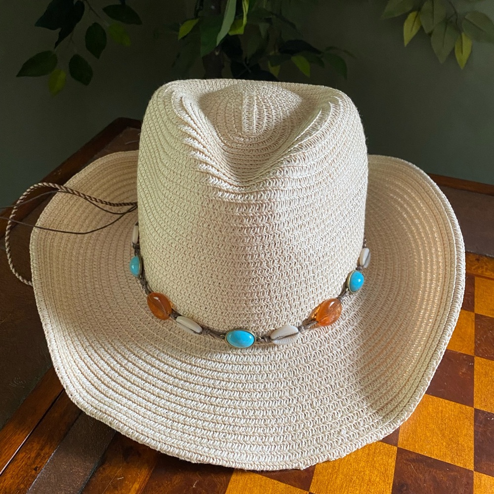 Beige Straw Cowboy Hat with Beaded Band